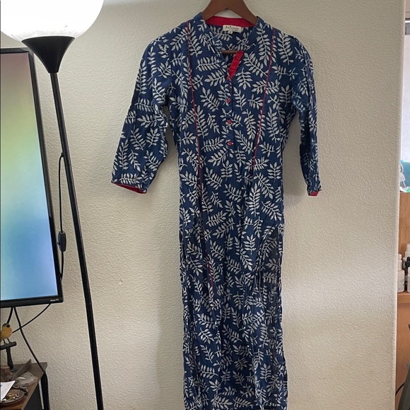 Rajwada Dresses & Skirts - Indian cobalt Blue red accent Floral maxi Dress side slits 100%cotton boho 60’s